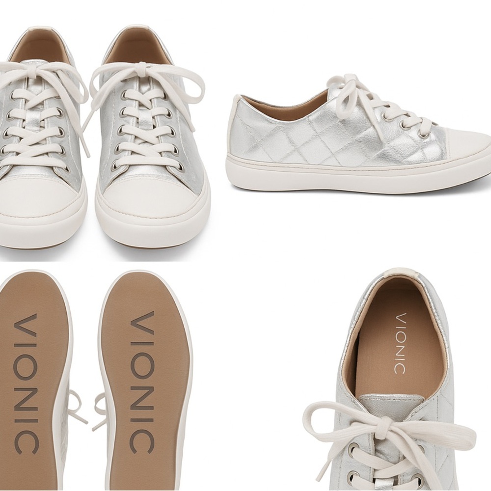 Vionic Quilted Silver Metallic Leather Sneakers Women’s 7 Like New